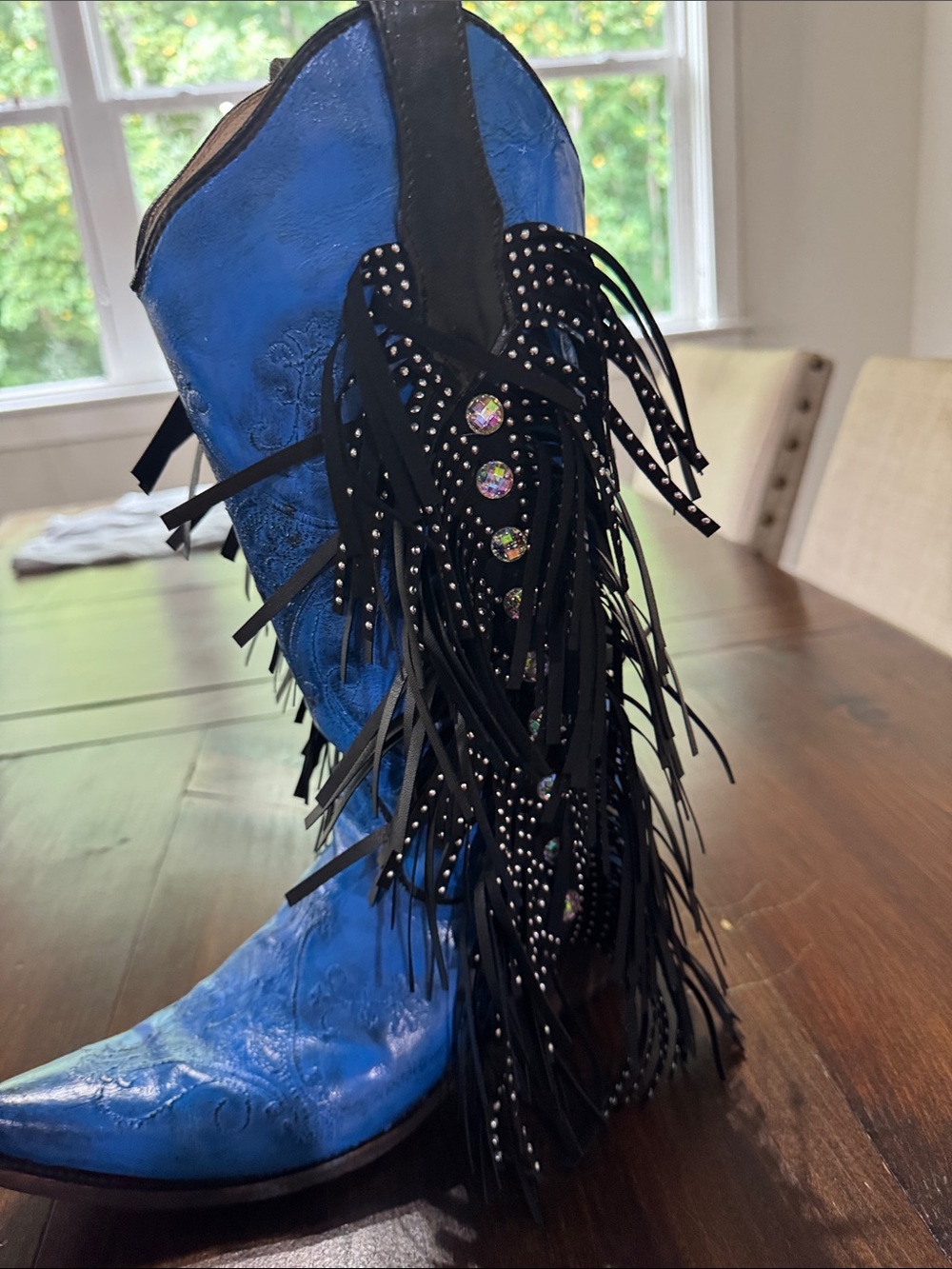 Blue Women's Fringe Western Boots with Rhinestone Detail - Picture 4 of 10